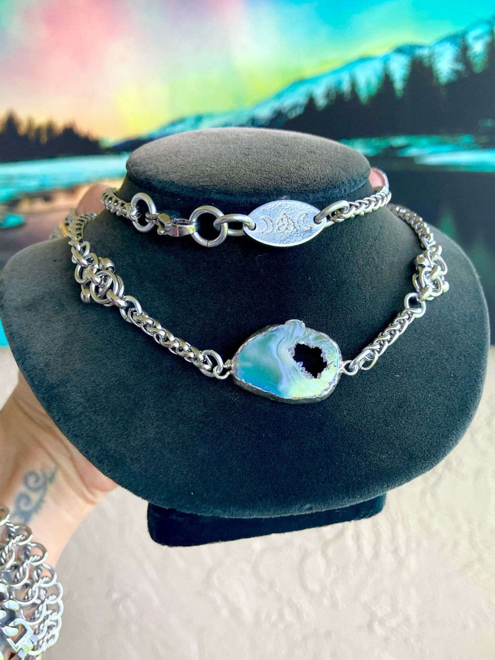 Druzy geode agate slice Celtic knot handmade boho silver necklace